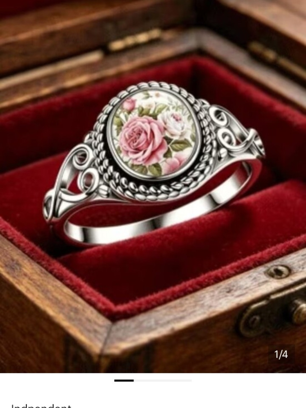 Vintage Silver Rose Porcelain Ring - Pink Floral Center Size 8